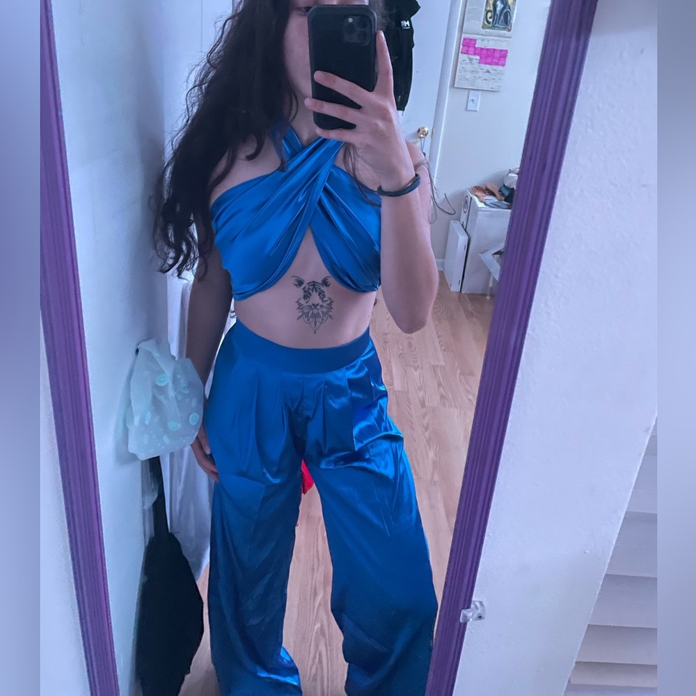 Blue Satin Wrap Jumpsuit